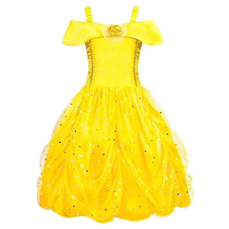 New Beauty Belle Beast Princess Dress Prom Dress Costume Kids Children  Clothes Girl Dress Strap Off Shoulder Layered Party 5pcs