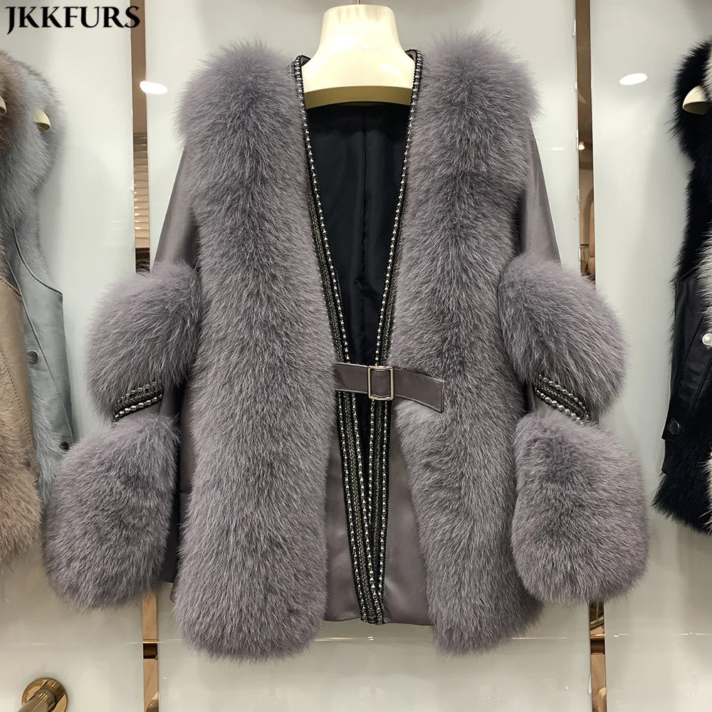 2021 Real Fox Fur Coat Winter Women Coat Genuine Sheepskin Leather ...