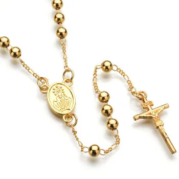 Religious Stainless Steel Bead Chain Jesus Cross Christian Rosary Necklace