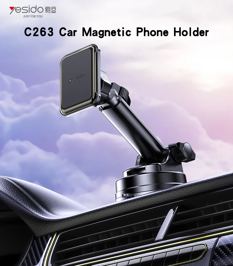 C263 Yesido 360 Rotating Base Strong Suction Cup Telescopic Clamp Arm Design Car Magnetic Phone Holder