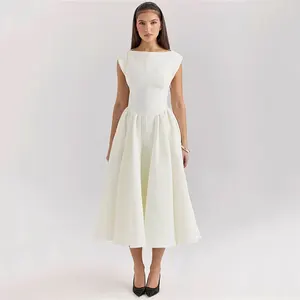 Elegant White Backless A-line Sexy Maxi Dress For Women Gown Hollow Out Sleeveless High Waist Club Party Pleated Dress