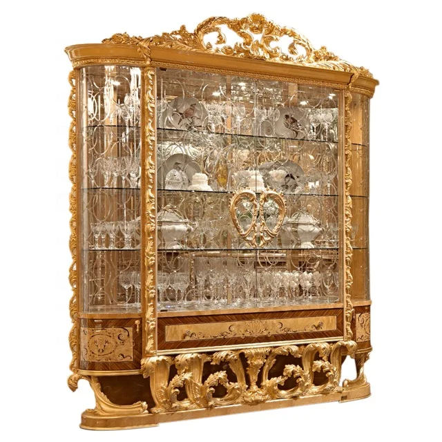 Grand Palace Living room furniture Gold Royal Hand Made Carved Wood Italian Classic style Antique Luxury Glass Cabinet Display