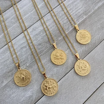 High Quality Women Jewelry 18K Gold Plated Disc Coin Stainless Steel Horoscope Zodiac Pendant Necklace For Women