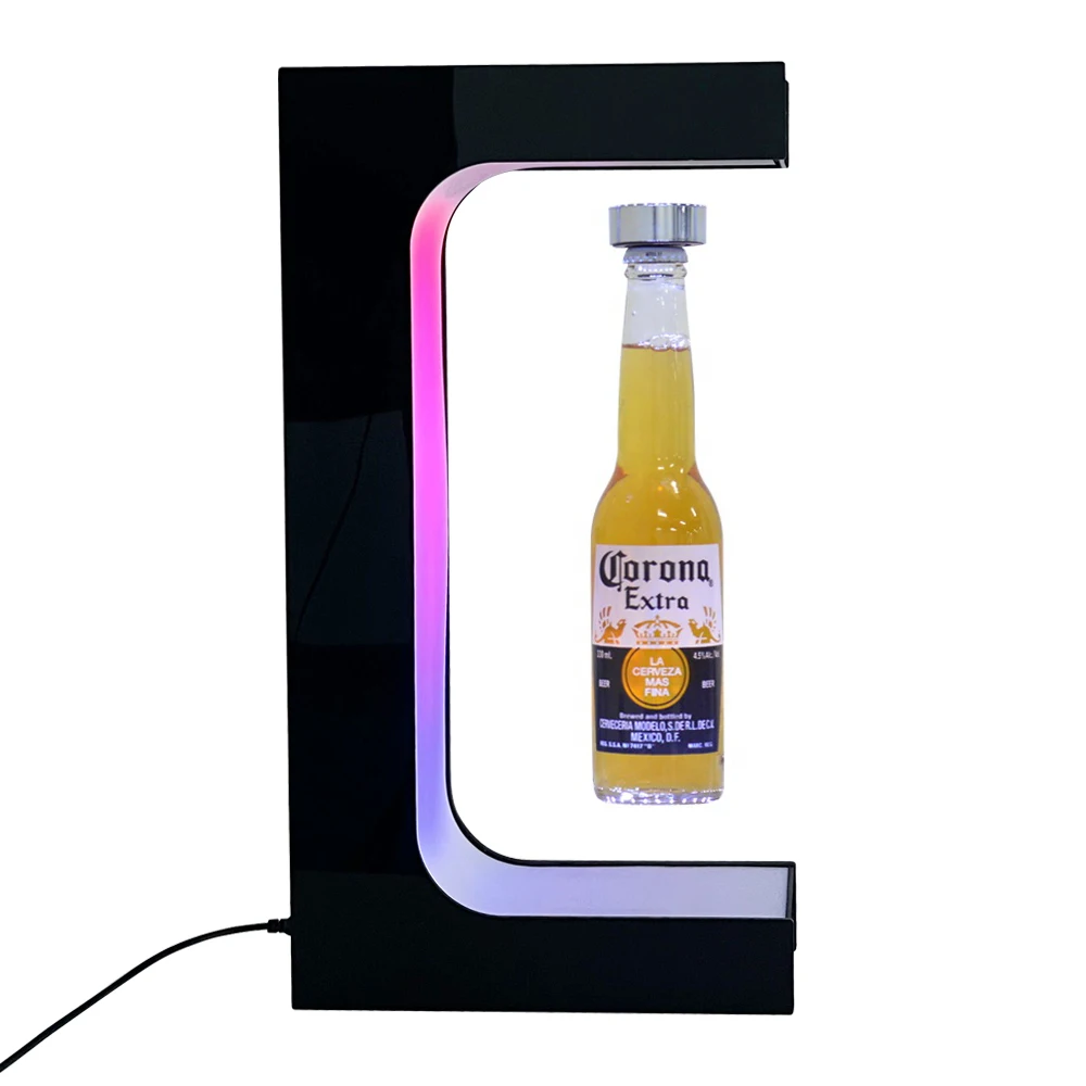 E Shape Color Lighting Magnetic Rotating Levitating Floating Wine Bottle Display