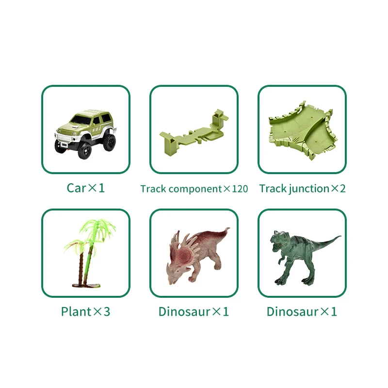 QS Customized Educational Children Toy 120PCS DIY Assembly Plastic Flexible Dinosaur Model  Slot Racing Rail Cars Track Toys