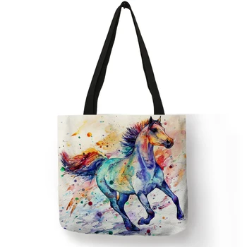 Horse Animal Printed Casual Tote Linen Fabric Tote Bag For Women Foldable Shopping Bag Ladies