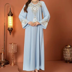 New Wholesale V-neck Bell Sleeve Embroidery Flower Piece Middle East Muslim Robe Women's Dress