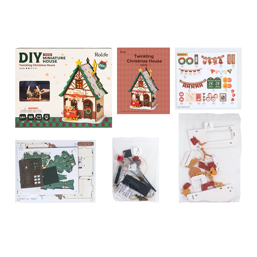 Robotime Rolife Christmas Gifts for Kids DS036 Twinkling Christmas House DIY Miniature Toys 3D Wooden Puzzles