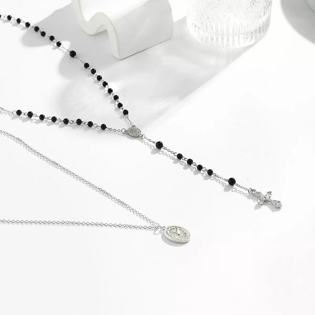 SHIXIN Fashion Men's 2-Piece Cross Black Bead Necklace Set