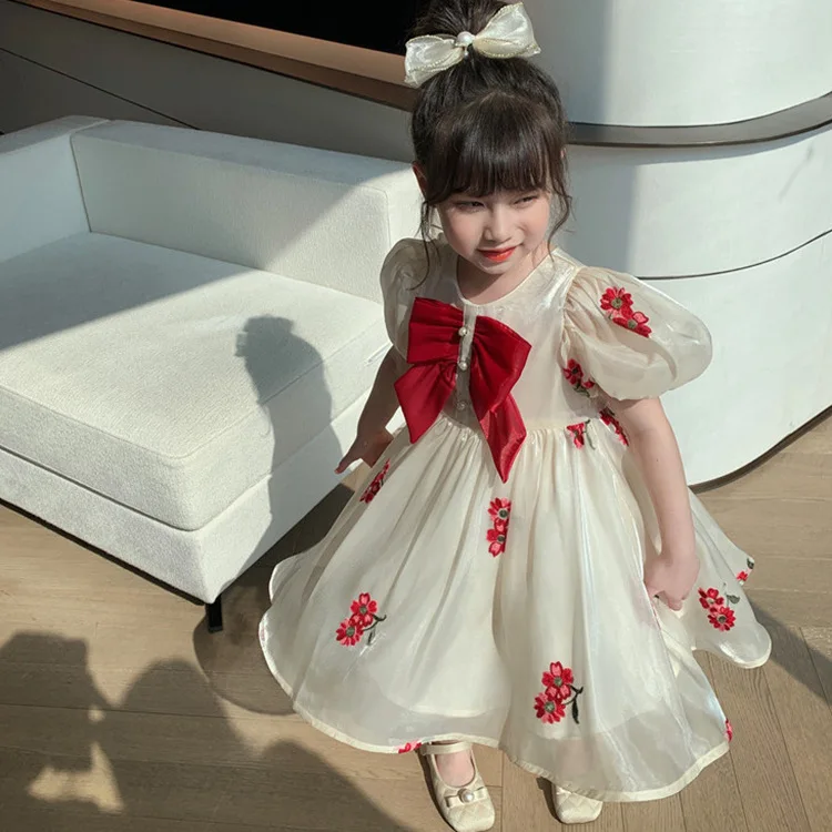 Latest Dress Designs Short Puff Sleeve Girls Fancy Frocks Embroidery Summer Dress for Children