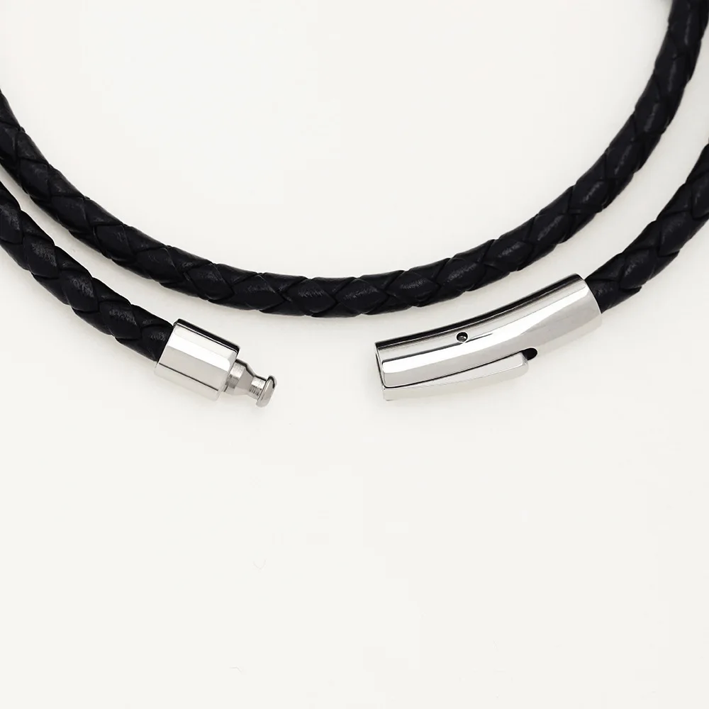 Simple Bracelet Black Braided Leather Rope Stainless Steel Double
