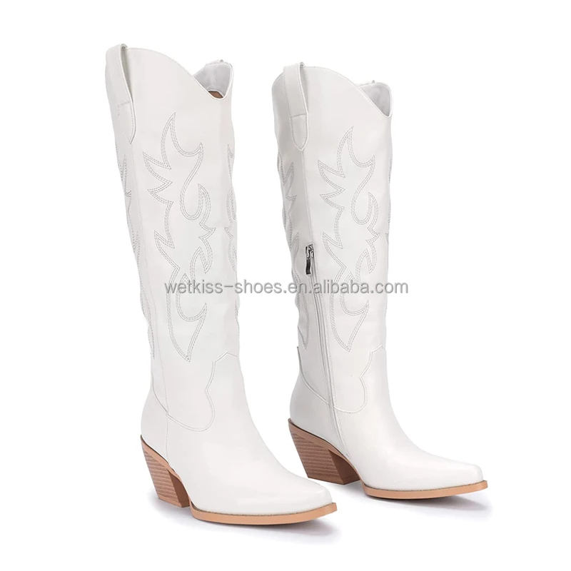 Wetkiss Oem Brand Chunky Heel Wide Calf Cowgirl Boots Embroidered Knee