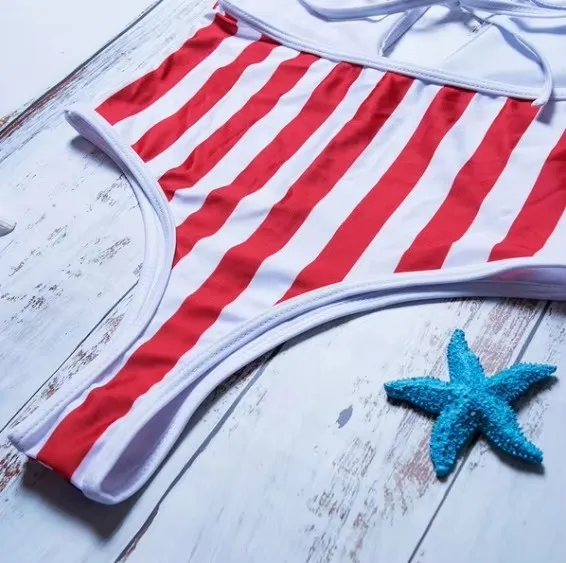 3D Logo V-Neck One Piece Bikini Set US Flag Print Solid Sexy Fitness Swimwear Plus Size Beachwear for Women Thongs Bottom Type