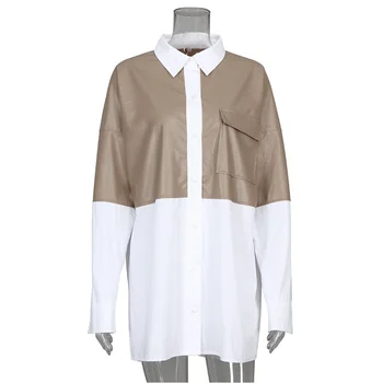 Winter two tone rugby collar leather splice long sleeve tops dress oversized white women shirt
