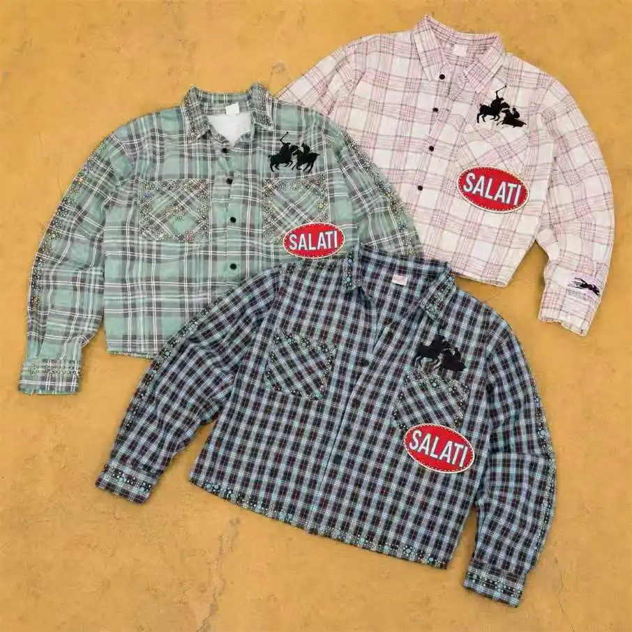 Wholesale Rhinestone Plaid Shirt Men Studded Horse Embroidery Long Sleeve Button up Western Y2K Streetwear Men Plaid Shirts gallery 4