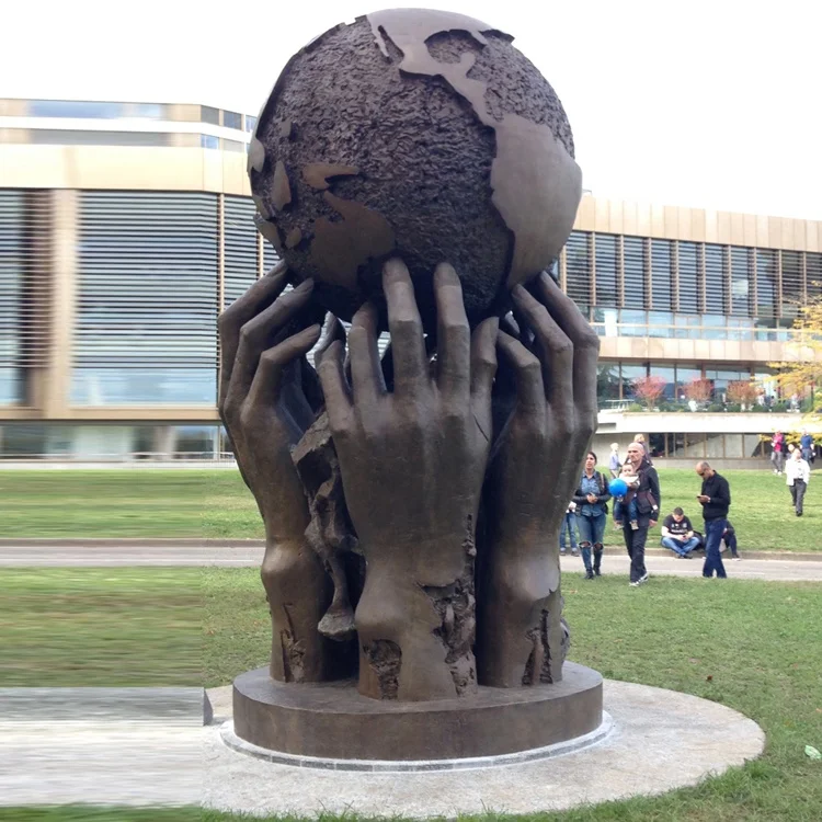 Large Cast Bronze World the Globe with Six Hands Sculpture Metal Garden Sculpture