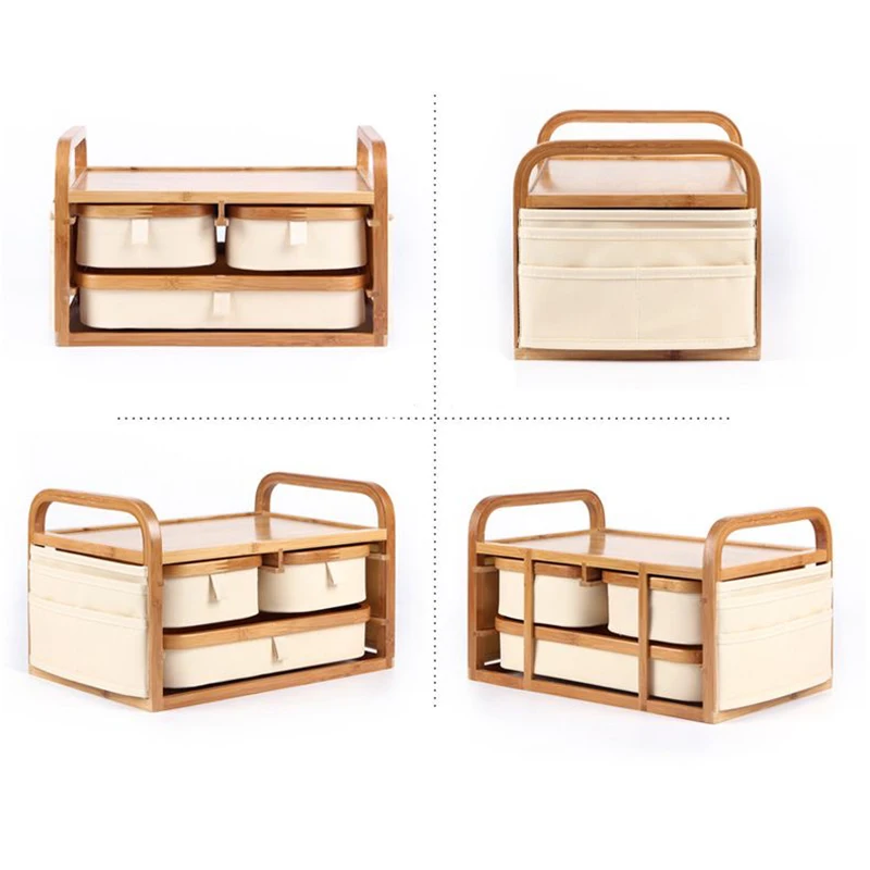Тканевый Органайзер из ткани Оксфорд с 3 ящиками, деревянный бамбуковый органайзер для макияжа, коробка для хранения косметики для туалетного столика, офиса