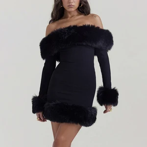 Wholesale Women's Dresses off Shoulder Fur Collar Long Sleeve Custom Clothing Backless Mini Casual Dresses for Women