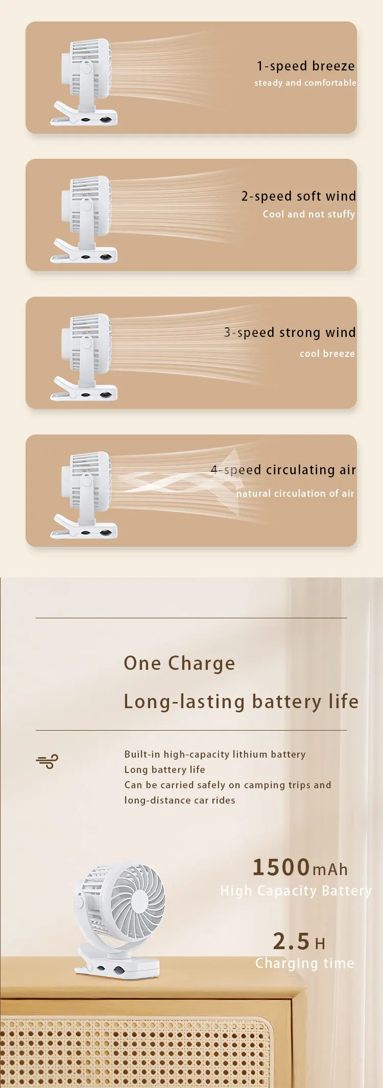 Portable Mini Clip Fan, 2000mAh, 360 - detail 12