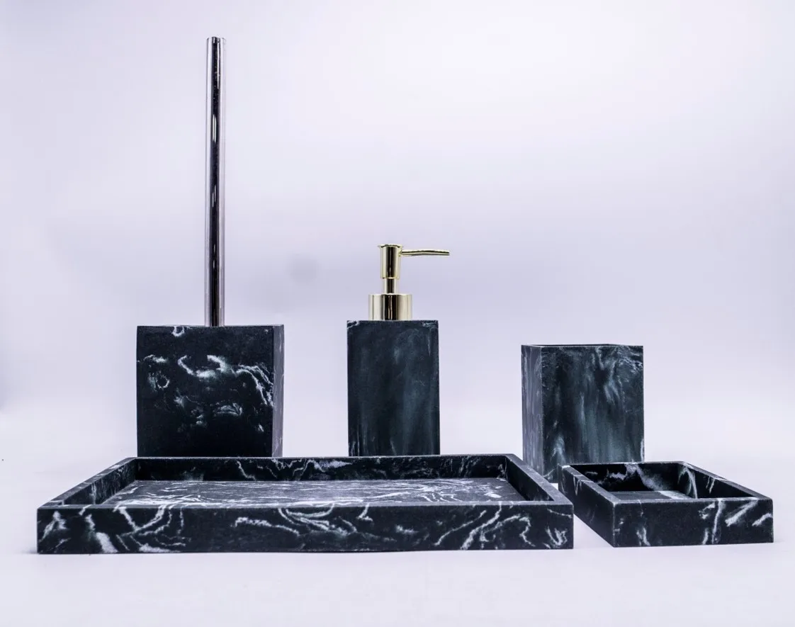 Luxury 5pcs Black Marble Effect Polyresin Resin Bathroom Accessories