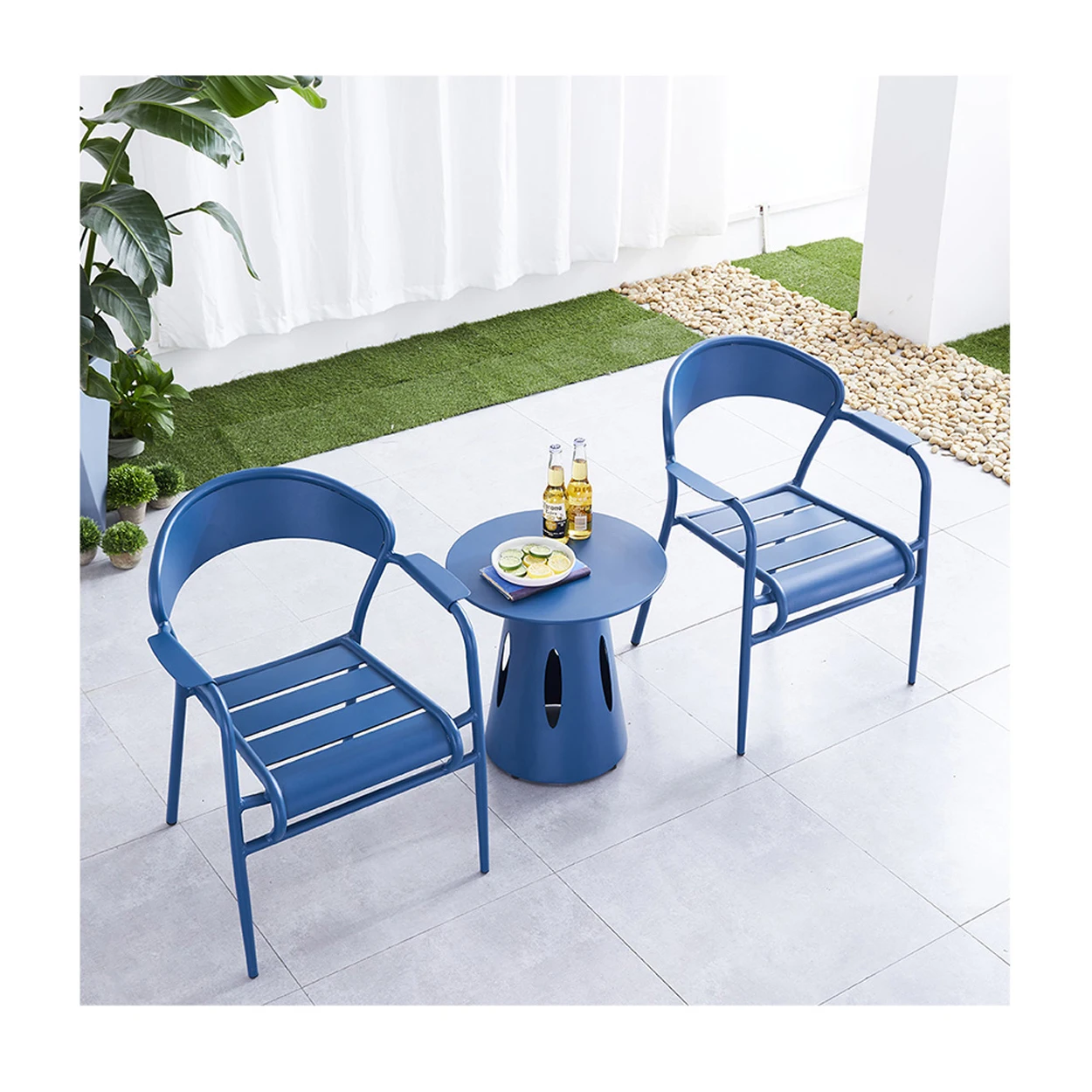 blue metal patio chairs