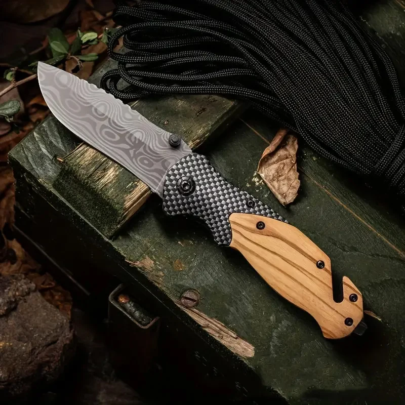 X50 Custom Damascus Laser Pattern Steel Knife Blade with Olive Wood Handle Outdoor Camping Survival Hunting Camping Pocket Knife