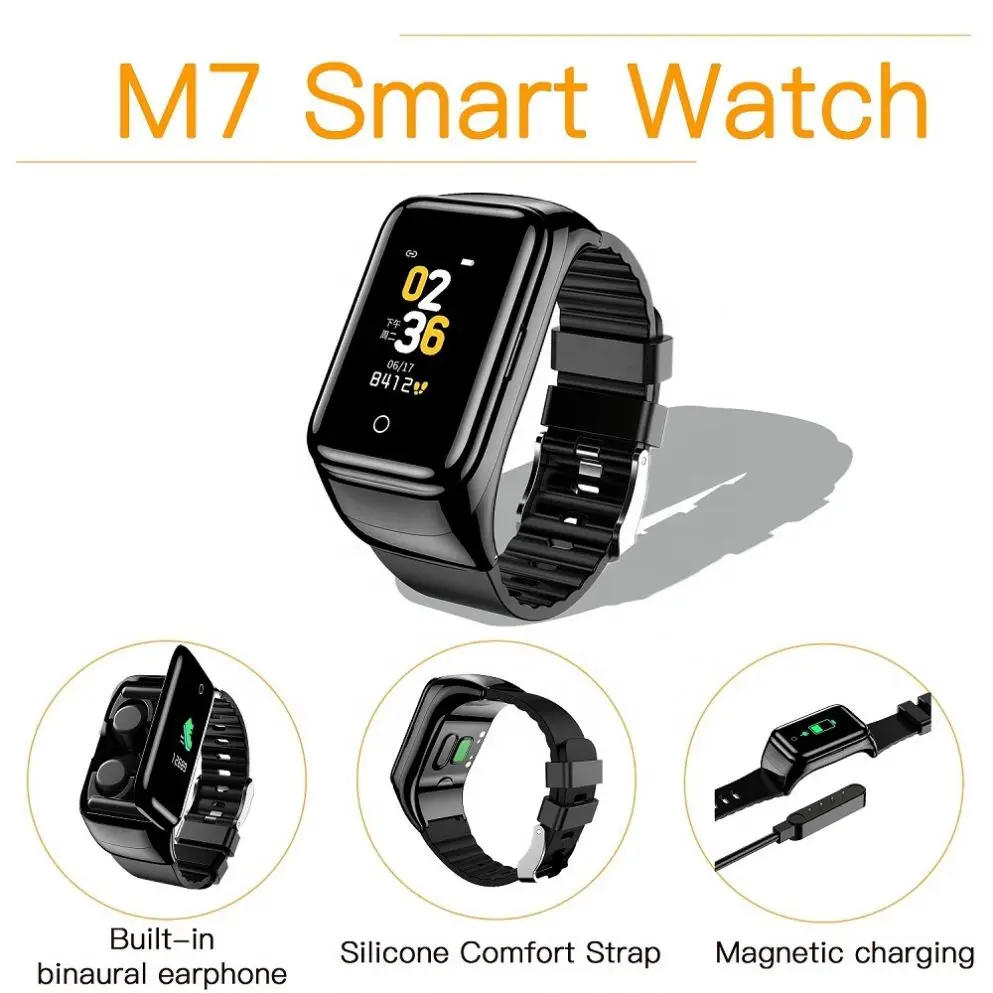 M7 smart watch with camera bracelet wireless Bluetooth earphones Dual  magnetic charge storage Bin