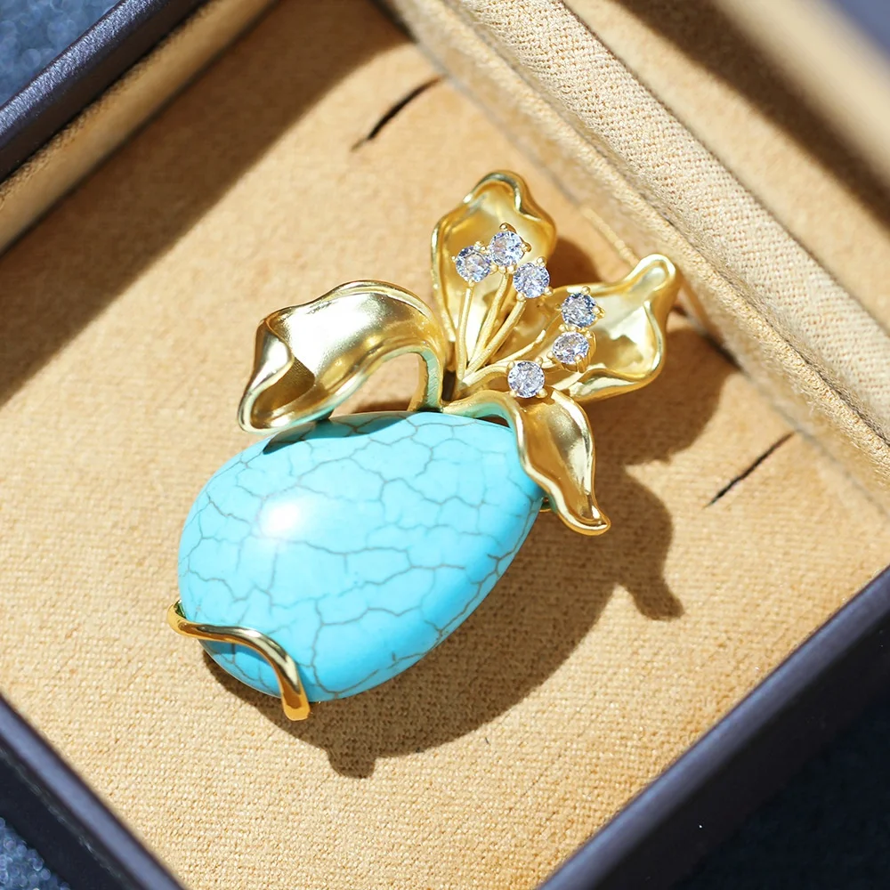 2024 New Arrival Turquoise Flower Brooch 18K Gold Plated Gem Stone Brooches Fashion Accessories Brand Gift Hijab CZ Pins
