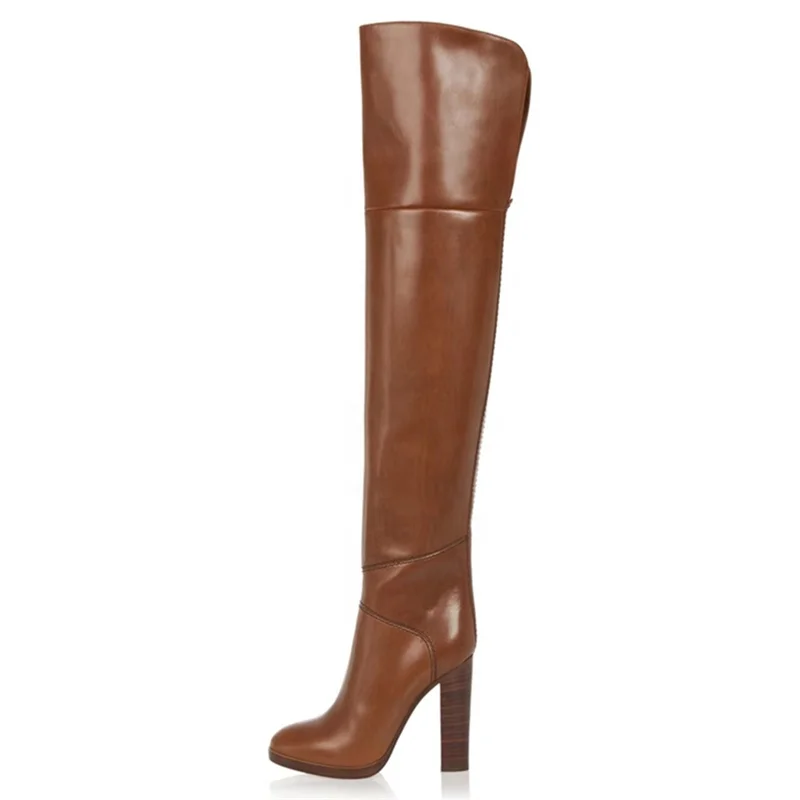 Roman Shoes Brown Leather Knight Boots for Men Women Chunky High Heel Round Toe Back Cut Comfortable Winter Boots Over the Knee