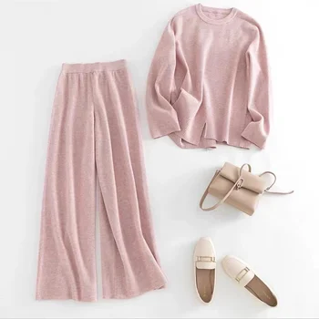 Women's Knitted Sweater Suit Split Hem Sweater and Pants Set in Sand Elegant Solid O-neck Rib Knit Knitting Fashion Winter