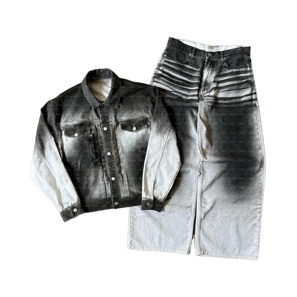 Custom Two-Piece Vintage Dirty Wash Denim Suit for Men Salati Print Jacket and Baggy Flared Jeans With Button for Winter