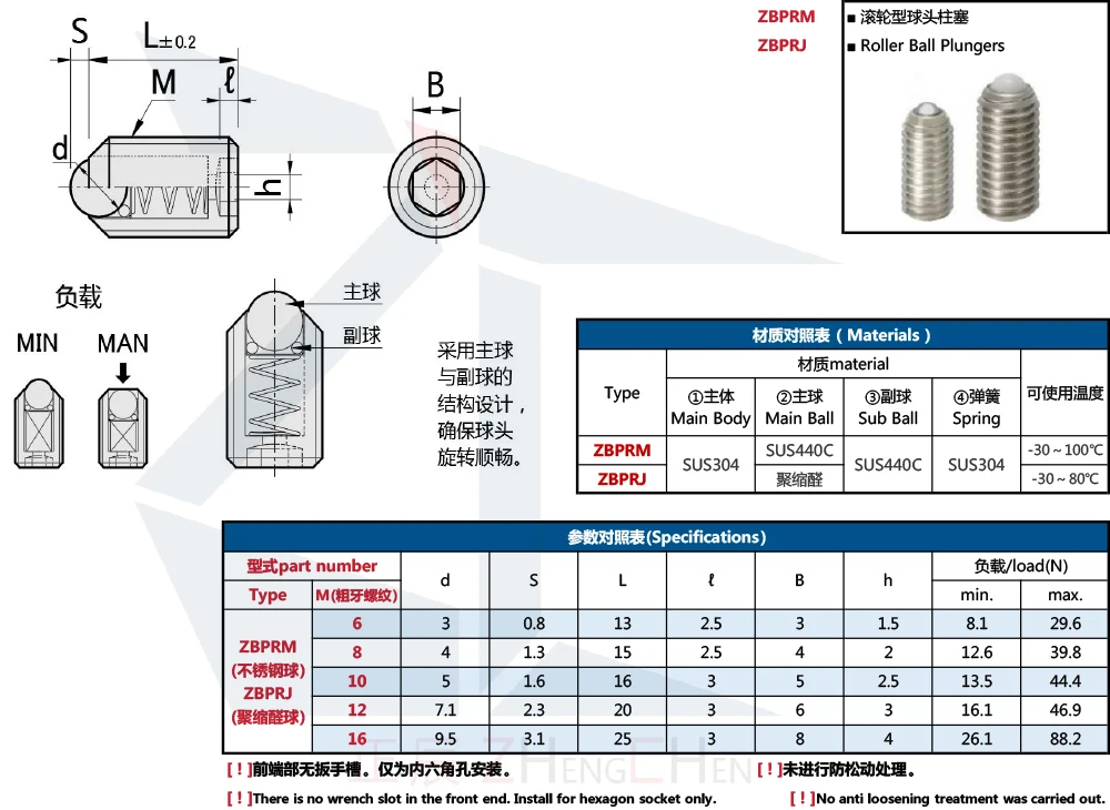 Hot Selling Product Stainless steel ZBPRJ ZBPRM6 8 10 12 16 Roller Ball Plunges for ball facilitates smooth details