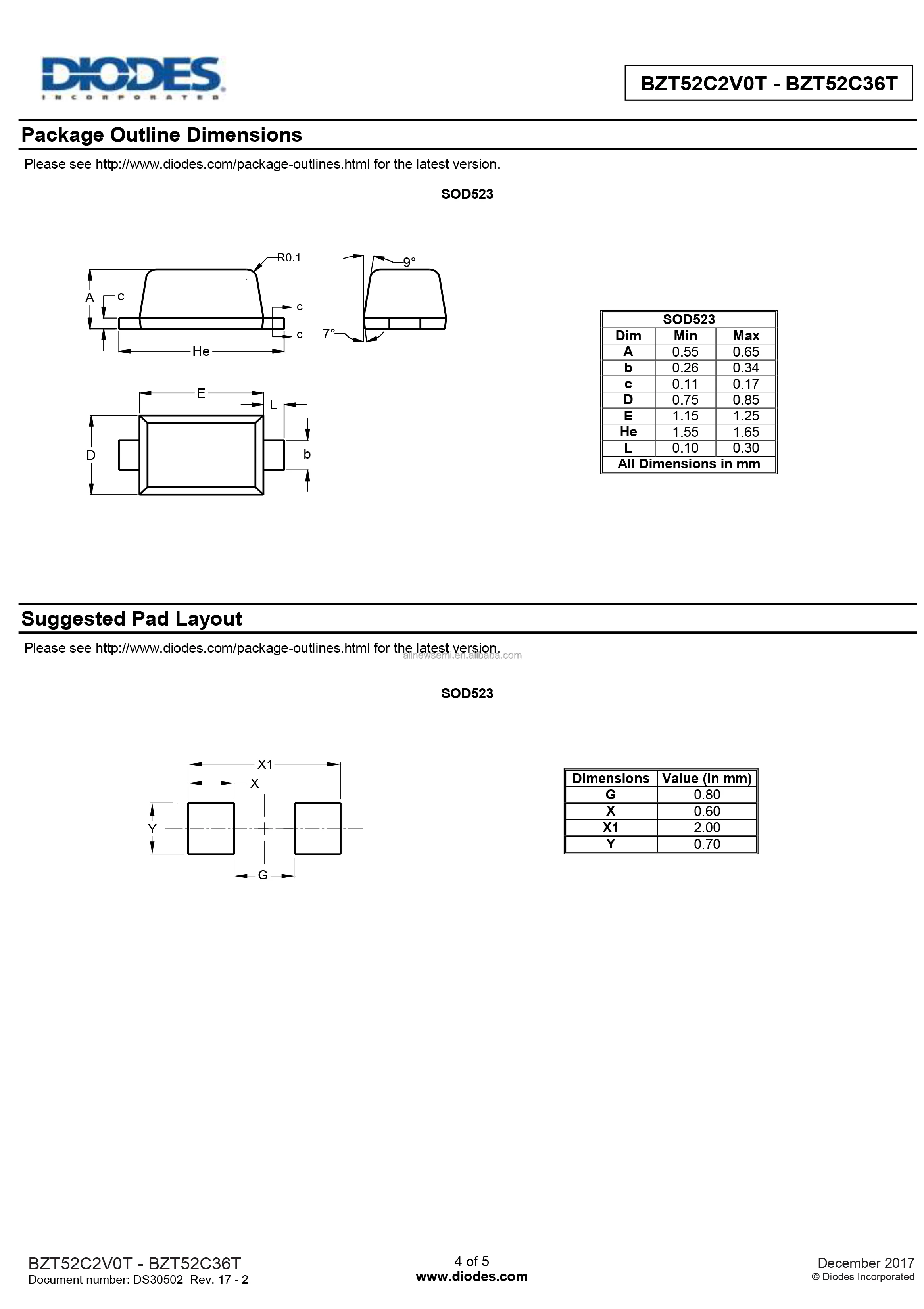 Hot sale Original BZT52C4V3T-7 DIODE ZENER 4.3V 300MW SOD523 Zener Diode 4.3 V 300 mW Surface Mount SOD-523