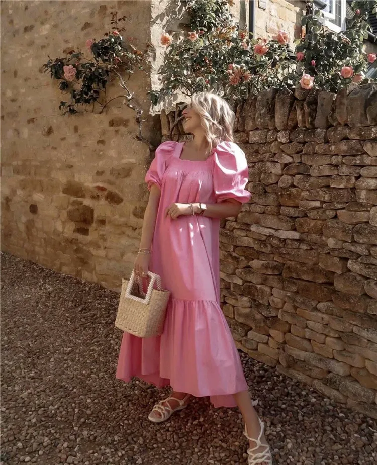 Vestido Largo Rosa De Manga Esponjosa Para Mujer,Primavera 2021 - Buy Las  Mujeres De Playa De Color Sólido Vestidos,De Moda Temperamento Vestidos  Para Las Mujeres,Vestido Casual 2021 Product on Alibaba.com
