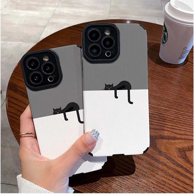 Lazy Black Cat Printing Soft TPU Artificial Leather Mobile Phone Cover Case For Iphone 6 7 8 X Xr Xs 11 12 13 14 15 16 Pro Max
