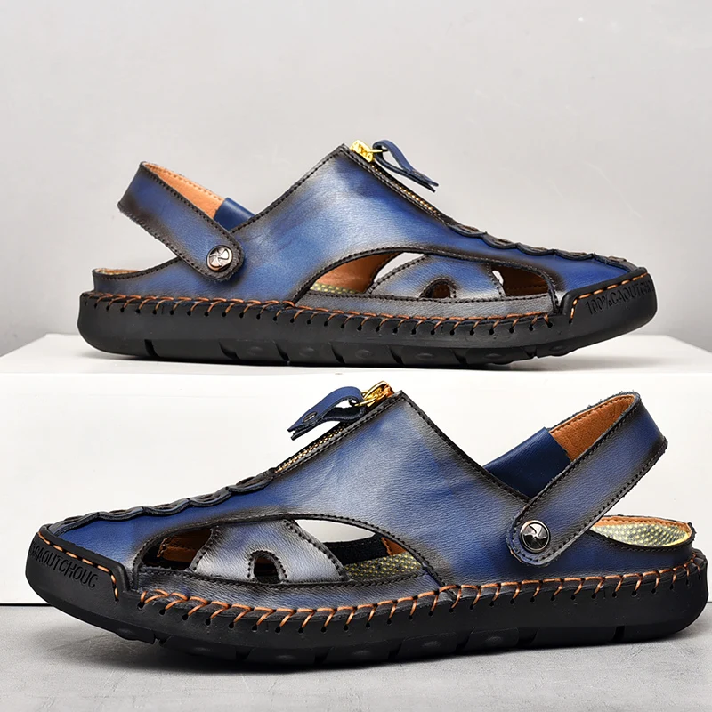 Мужские пляжные сандалии без шнуровки, кожаные прочные сандалии ручной работы, Нескользящие, для прогулок и пляжа