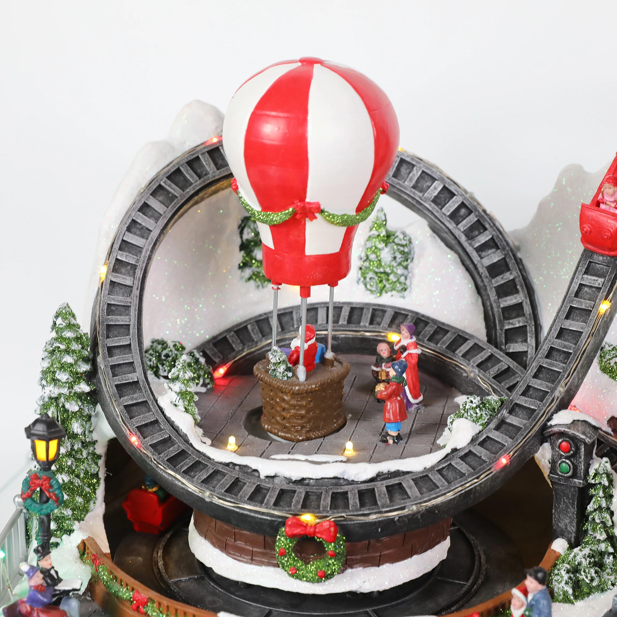 LED Light Moving Christmas Fun Fair Carousel and Hot Balloon Moving Train and Xmas Tree Handmade Sculpture Musical Craft