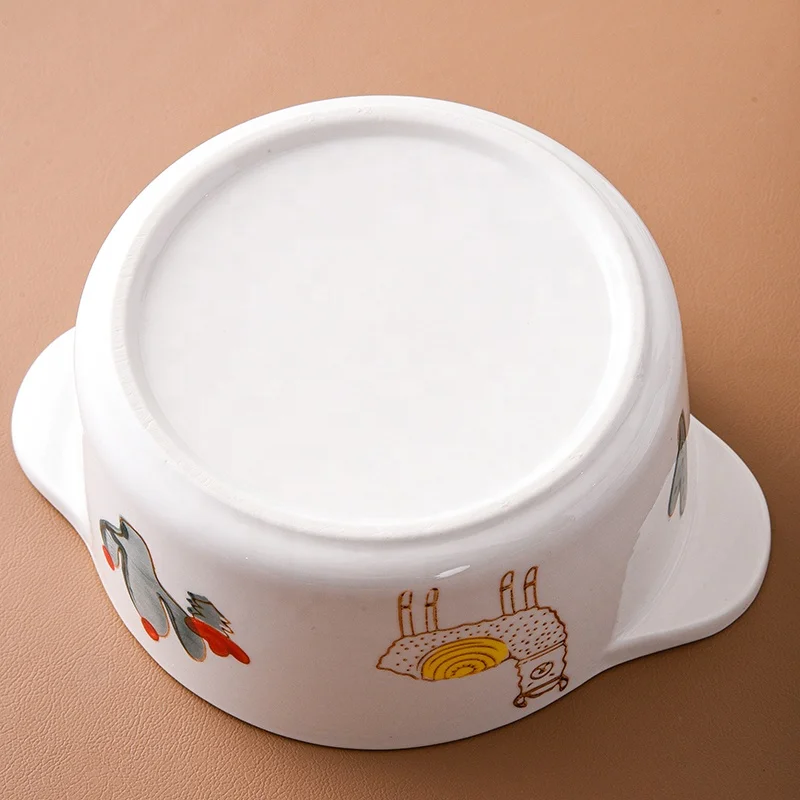 Creative Design Blue Leaf Pattern 600ml Big Bowl Ceramic Serving Bowls with Lids and Two Handles Soup Bowl