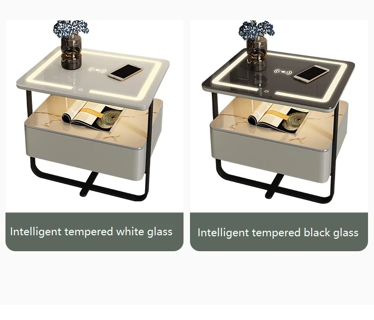 Smart Bedside Table Wireless USB Charging Modern Bedroom Speaker LED Nightstand with Fingerprint Lock Bedside Table