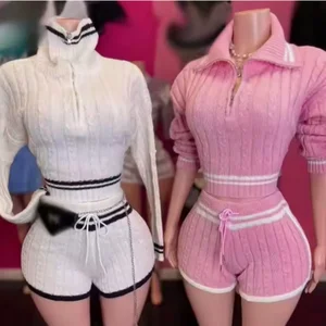 Viviblook Z913ST02 Autumn Women's New Outfit Thick Twist Knitted Sweater Set Contrast Color Shorts Suit Two Piece Set Women