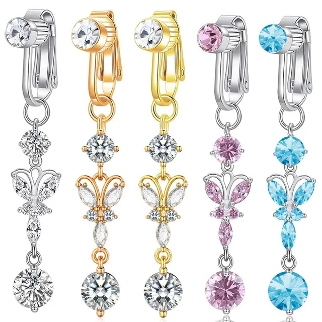 Multicolor butterfly pendant belly ring without piercing zircon fake belly button ring for ladies belly button clip
