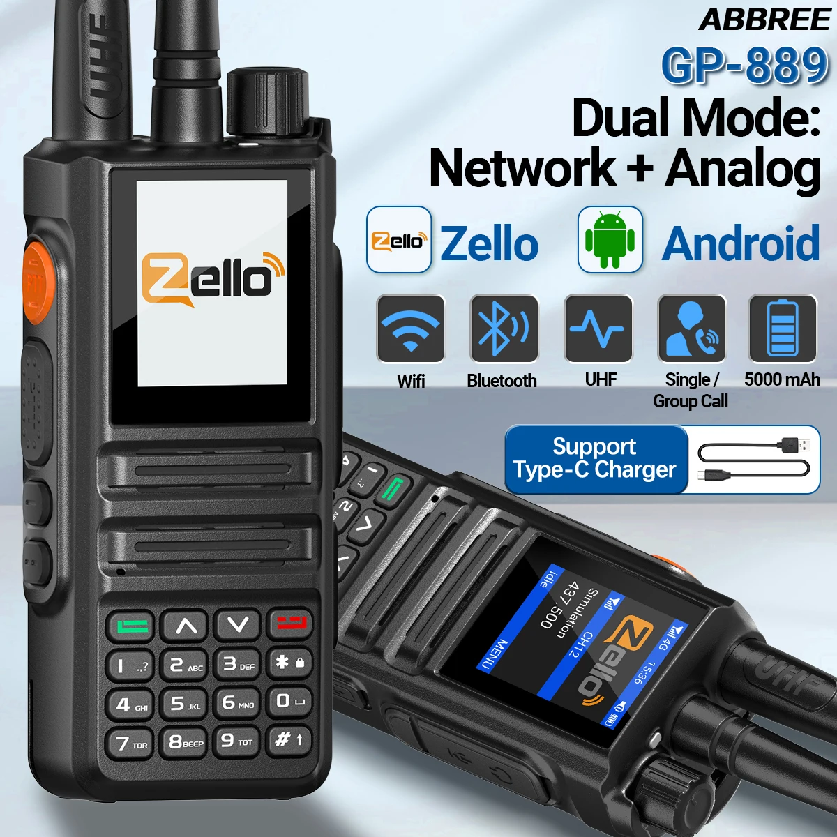 ABBREE GP-889 Dual Mode Network Radio Walkie Talkie ZELLO Global POC UHF Android 4G Ham Radio Camping Skiing Hunting Fleeting