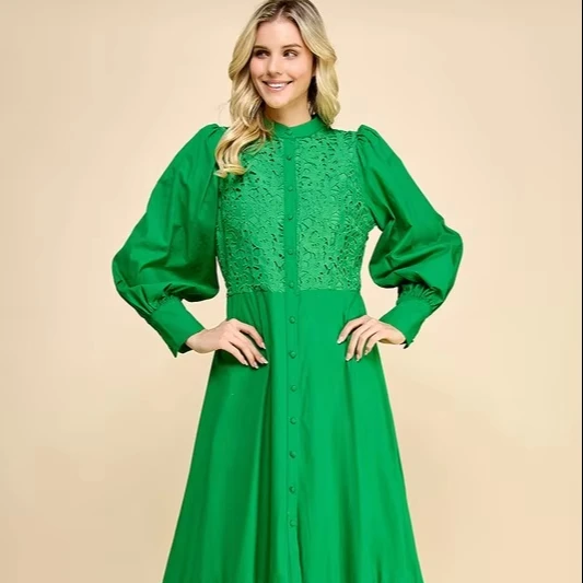 Elegant Ladies Casual Crocheted Long Dress With Lace Sweet Style And Button Decoration Washable Woven Fabric - Image 1