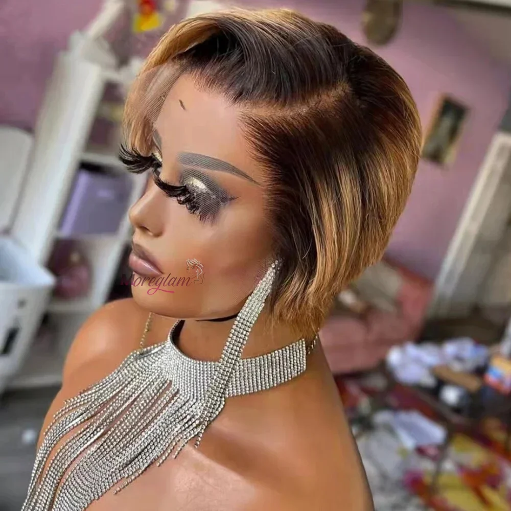 Damen Kurzer Bob Pixie Cut Perücke Tiefe Seite T Teil Spitze Echthaar Perücke 6 Zoll 180% Dichte Glatt Transparent Lace Front Perücken_voghion.com