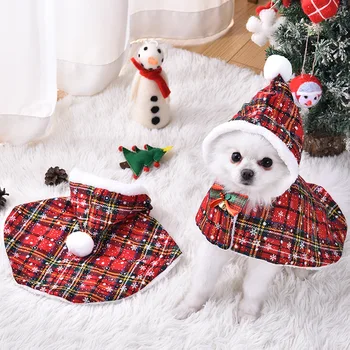 Wholesale Pet Christmas Cape Cat Dog Small Dog Teddy Christmas Plaid Hooded Cape Outdoor Wear Supplies