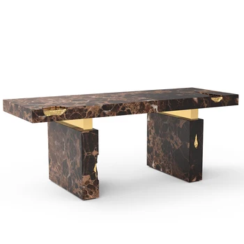Contemporary Marble Writing Desk Hand-Carved Cracks & Polished Brass Details Easy Assembly Durable for Bedroom Use in Villas