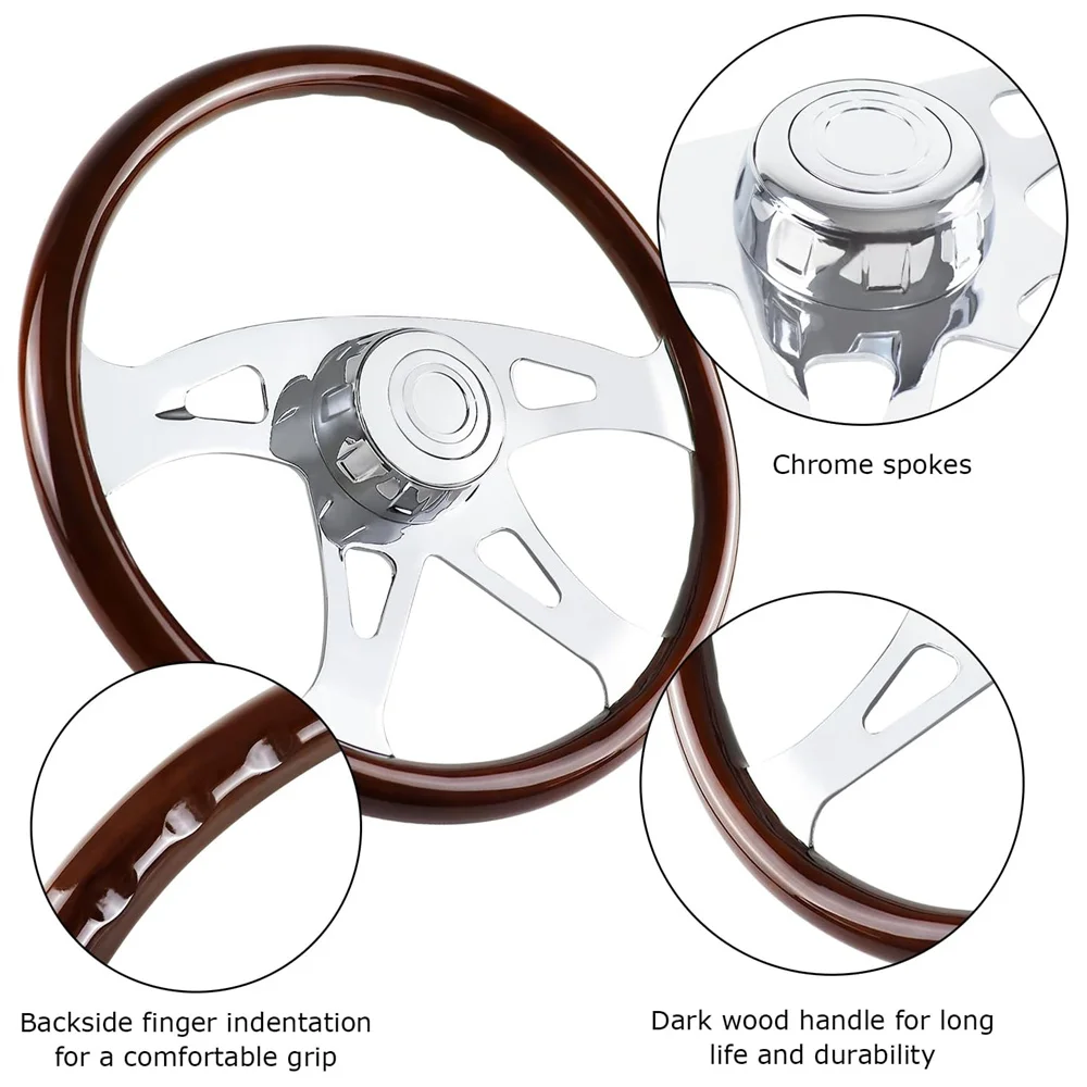 Forever Sharp 16 Inch Chrome Semi Truck Steering Wheel - Brown Vinyl Grip - 5-Hole
