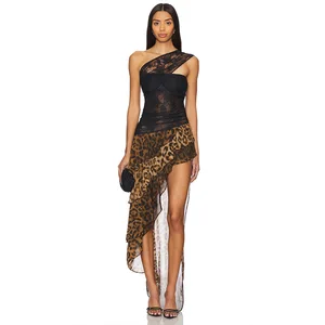 STOCK Animal Print One Shoulder Women Dress Slim Fit Ruffle Maxi Dress Casual Dress S-L