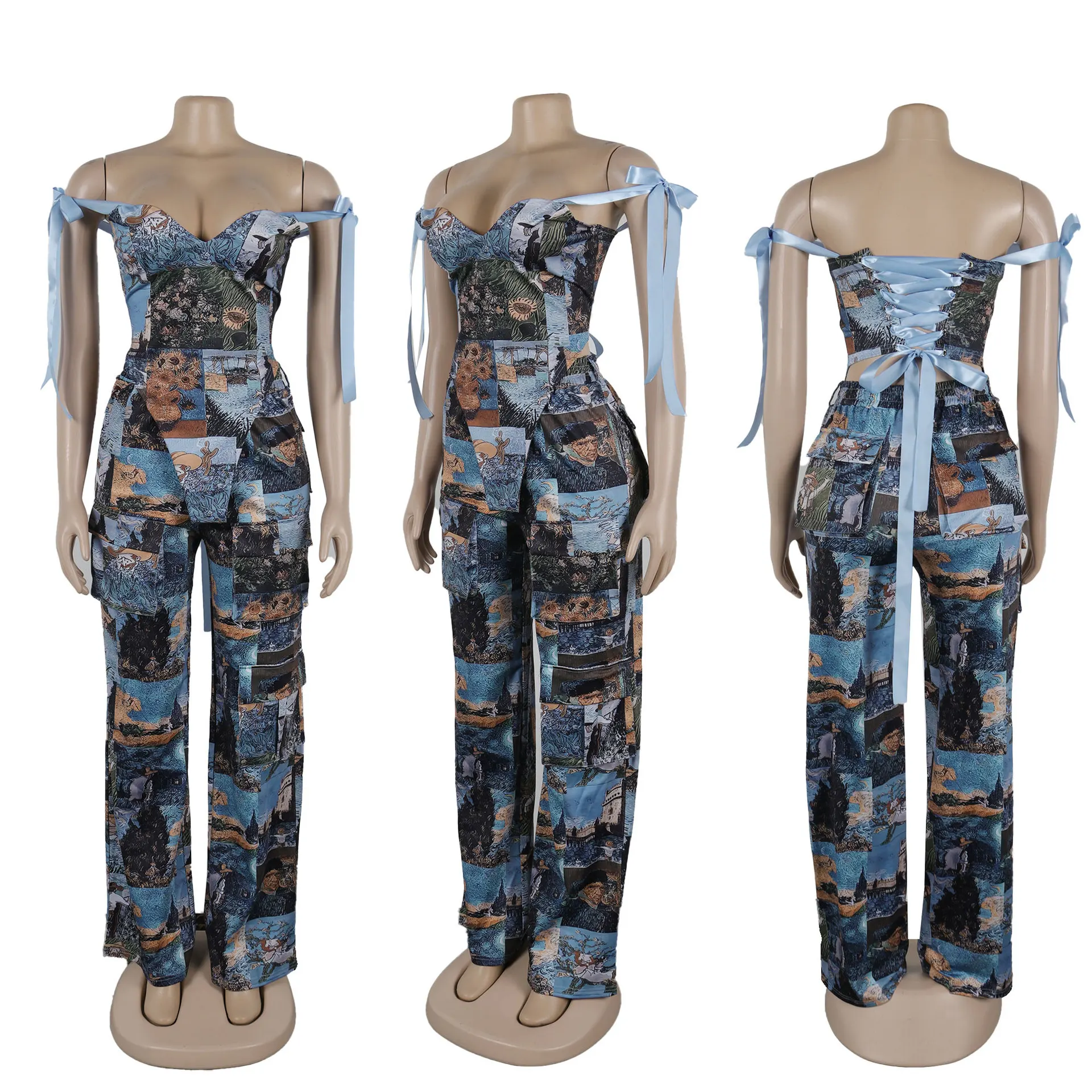 New Fall Print Two Pieces Pants Set With off Shoulder Tube Top Corset and Print Wide Leg Pants
