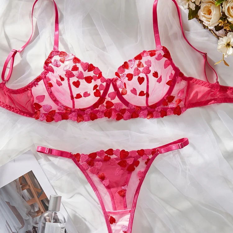 2025 New Design Lace Sexy Lingerie Sets Floral Heart Embroidery Set Ladies  Thong Bra Panty Set Woman Underwear